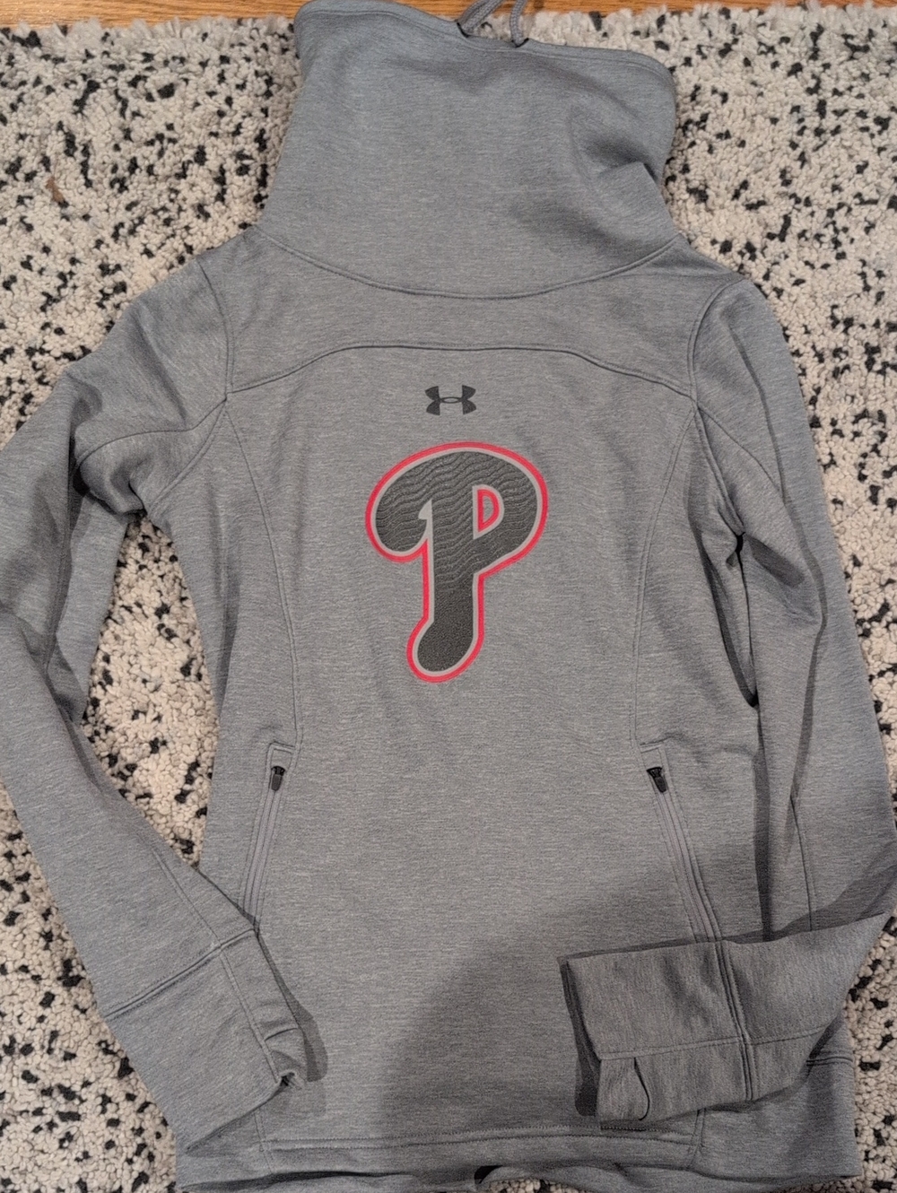 Phillies Under Armour Gray Bomber-Style Pullover with Red-Outlined Logo
